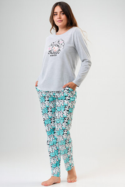 VİENETTA Women's 100% Cotton Bear Pattern Pajama Set