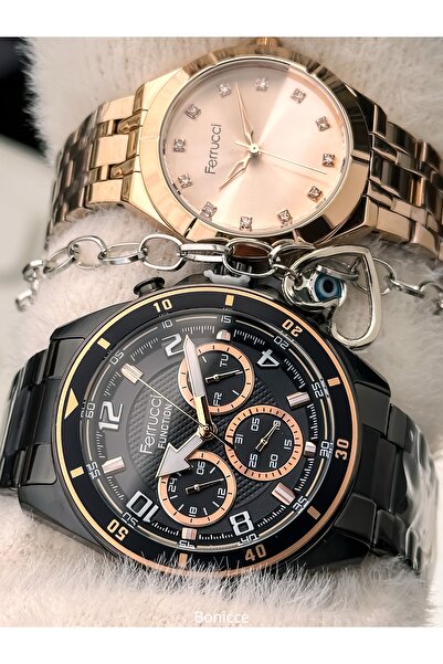 Ferrucci Couple Watches, Black Rose Color Steel Band, Gift in Separate Boxes with Bracelet Gift