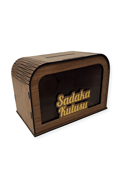 UNT Ahşap Sadaka Kutusu - Şeffaf Pencereli, Gold Pleksi Yazılı Lazer Kesim Dekoratif Model