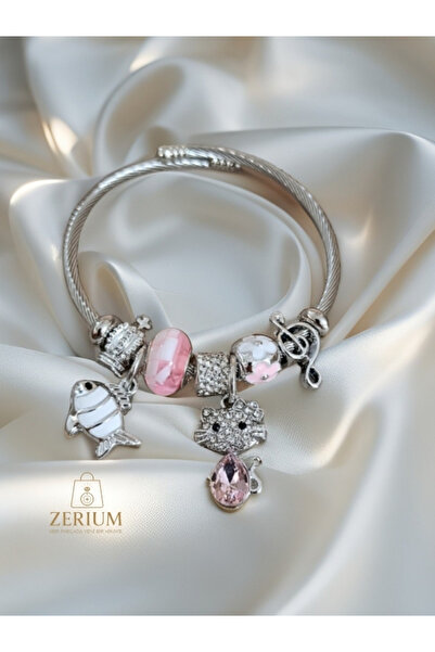 ZERİUM Modern Steel Stylish Women's Charm Bracelet Fish and Kitten