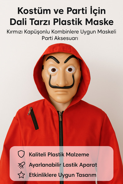 Tamsena Store Kostüm ve Parti İçin Dali Tarzı Plastik Maske – Kırmızı Kapüşonlu Kombinlere Uygun Parti Aksesuarı