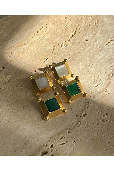 Font Natural Stone Square Design Gold Earrings