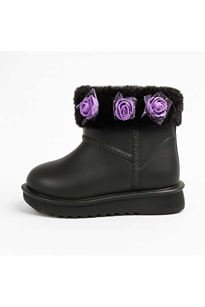 amazoondesing Purple Rose Detailed Fur Rain Boots Woolen Girls' Boots