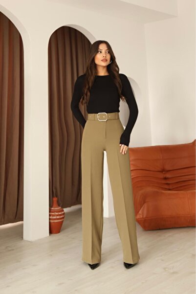 Leo Ferre Green Women's Belted Palazzo Slim Fit Trousers.1025.