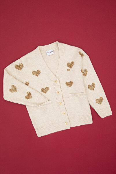 U.S. Polo Assn. Girl's Cream Glitter Heart Patterned Buttoned V-Neck Knitwear Cardigan 50317620-Vr256