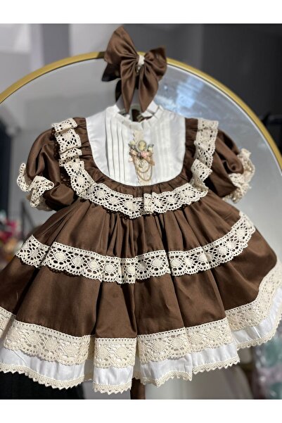 Sare Çocuk Giyim Καφέ Vintage Φόρεμα Πριγκίπισσας με κορδόνια + Πόρπη