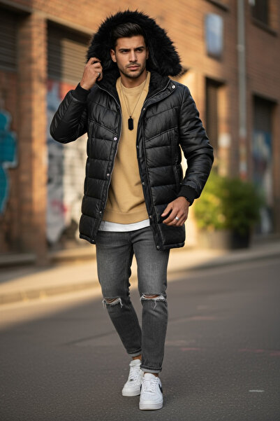 dehaine Men's faux leather fur jacket, BLACK, 9205A