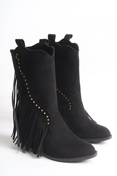 LEVONYA Kadın Siyah Süet Püsküllü Kovboy Western Bot
