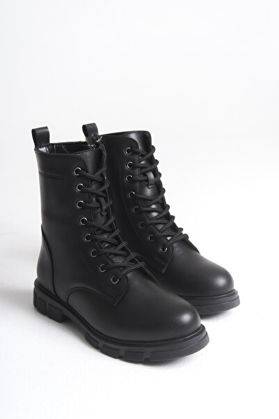 Ayakkabı Delisiyim Siyah Deri Kadın Bot Postal Keti Bağcıklı İçten Fermuarlı Kalın Tabanlı Su Geçirmez