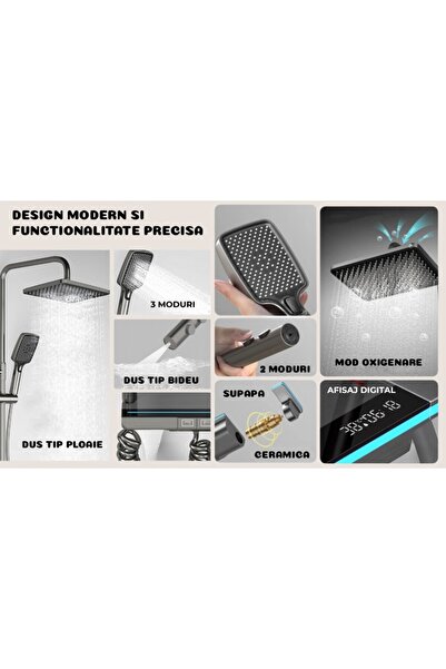 UNİBOX Digital Shower Column Set, Thermostat, LED, Temperature Display, 4 Functions, Rain Type, Graphite,