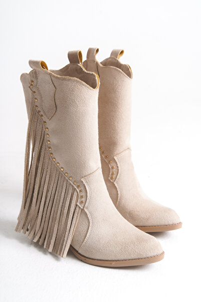 LEVONYA Kadın Bej Süet Püsküllü Kovboy Western Bot
