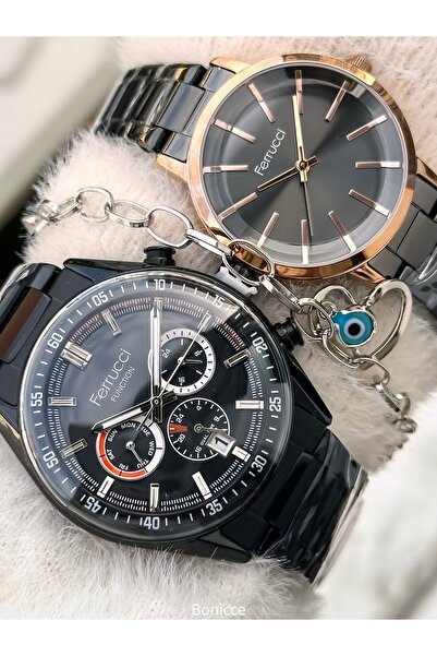 Ferrucci Couple Watches, Black Color Steel Band, Gift in Separate Boxes with Bracelet Gift