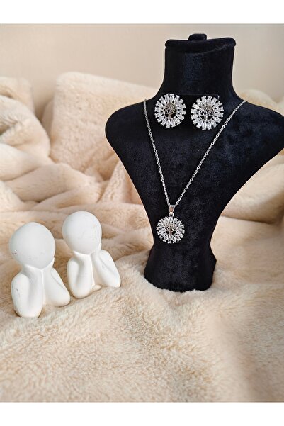 STEEL طقم قلادة وأقراط من حجر الزركون الفولاذي على شكل شجرة الحياة