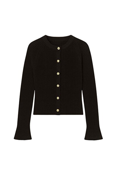 Maxi modena Volan Sleeve Gold Buttoned Black Crew Neck Blouse