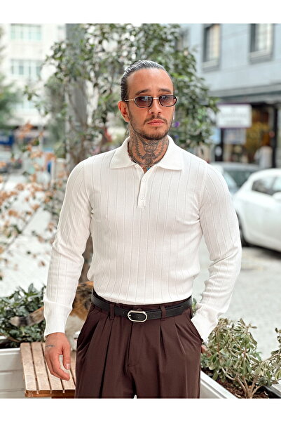 manch collection Guler cu nasturi material reiat basic Swea tricou Alb