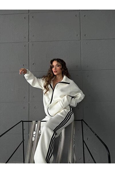 legends butik Unisex Çift Cepli Yandan Şeritli 3 İplik Şardonlu Hırka Eşofman Takım