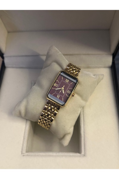 QUARTZ Gold Claret Red Vintage Rectangular Wristwatch in Gift Box