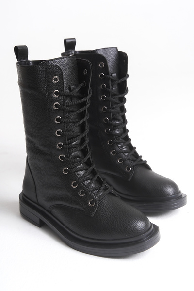 Ayakkabı Delisiyim Siyah Deri Kadın Bot Postal Yanna Bağcıklı İçten Fermuarlı...