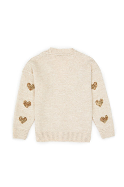 U.S. Polo Assn. Girl's Cream Glitter Heart Patterned Buttoned V-Neck Knitwear Cardigan 50317620-Vr256