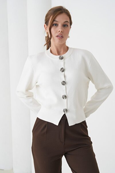 Noi Belis Soft Textured Premium Yarn Big Rose Button Detail Knitwear Cardigan Aw25Hi0049