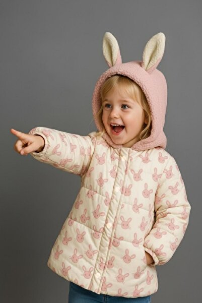 PODIUM GYM Yeni Sevimli Tavşan Desenli Kulaklı-Kapüşonlu İçi Kürklü Cepli Bebek-Çocuk Kışlık Kaban-Mont