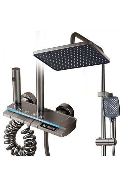 UNİBOX Digital Shower Column Set, Thermostat, LED, Temperature Display, 4 Functions, Rain Type, Graphite,