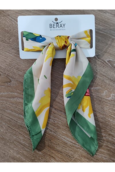 Cadde Dükkanı Beray 70*70 cm Desenli Saten Fular Yeşil Ekru Desenli
