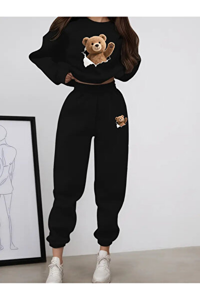 darkopia Unisex Men's and Women's Ripped Bear Printed 3 Thread Crew Neck Tracksuit Set