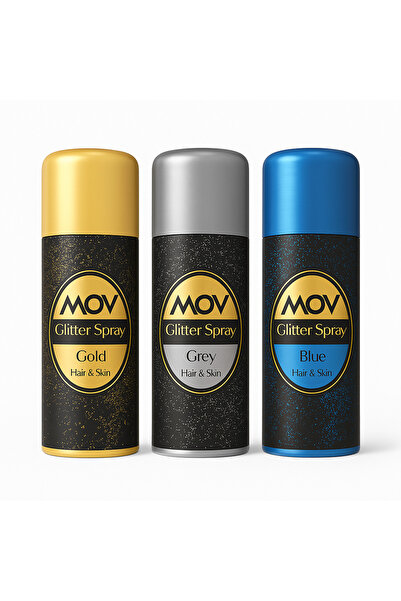 MOV Glitter Spray 3’lü Set (Altın + Gri + Mavi) – Saç ve Cilt İçin Parıltılı Sprey