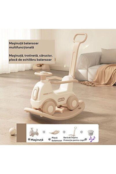 OEM Rocking chair/car, 3 in 1, musical, with adjustable and removable parental bar, white-beige