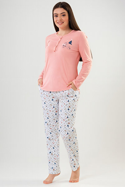 VİENETTA Women's 100% Cotton Buttoned Flower Patterned Pajama Set