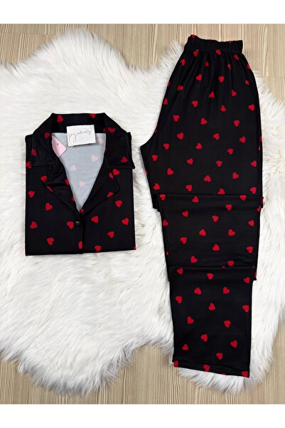Pijamacs Red Heart Patterned Long Sleeve Soft Feeling Pajama Set