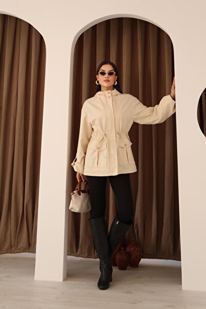 Hazel Kadın Taş Kapüşonlu Katlama Kol Detaylı Trençkot