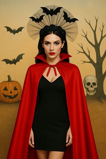 TOYFEST Cadılar Bayramı Kırmızı Pelerin & Yarasalı Siyah Güllü Taç Seti – Şey...