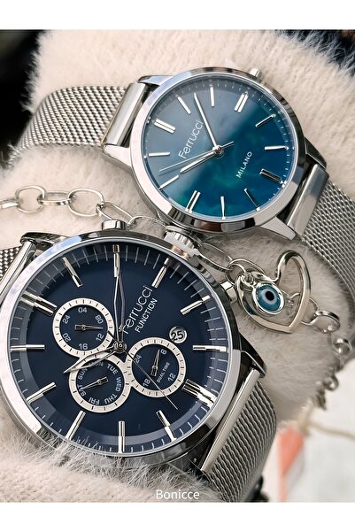 Ferrucci Couple Watches, Navy Blue Silver Color Steel Mesh Band, Gift in Separate Boxes with Bracelet Gift