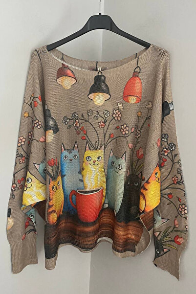 AYASOFYA OTANTIK Γυναικείο πουλόβερ με μοτίβο καφέ με μοτίβο καπουτσίνο, με μανίκια με μοτίβο νυχτερίδας, μερσεριζέ μπλούζα