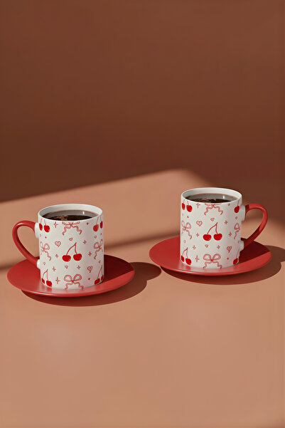 Cool Stuff Studio Kurdele Kalp Kiraz Desenli 2'li Türk Kahvesi Fincanı
