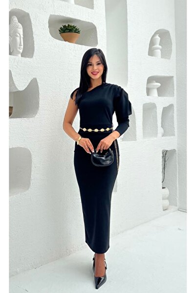 Afiş Butik Black Women's One Sleeve Waist Chain Detailed Design Long Dress