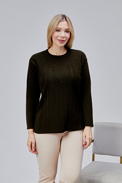 Jinx Wear Fashion Kadın Triko Yan Yırtmaç İnci Detay Kışlık Orta Yaş Günlük A...