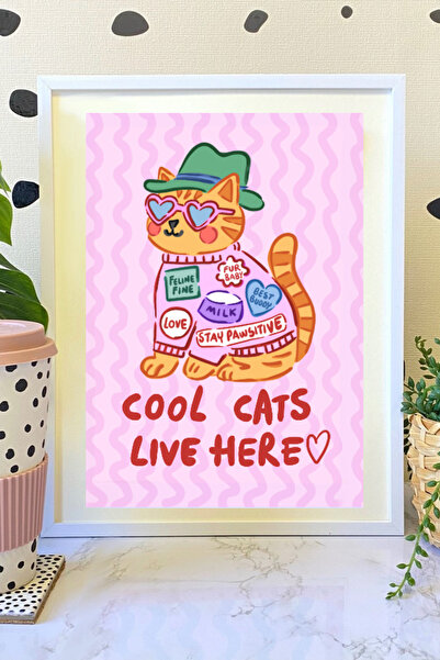 Hello Melody Design Baskı Koleksiyonundan "COOL CATS" Baskısı - Beyaz Çerçeveli