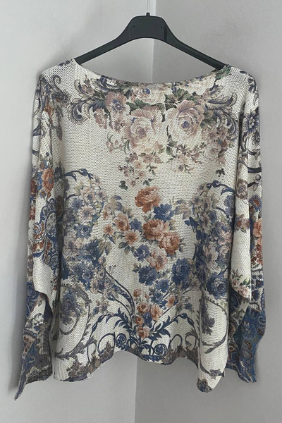 AYASOFYA OTANTIK Bluză pulover pentru femei, italiană, albastru bleumarin, cu model de trandafir persan, cu mâneci liliac, mercerizată