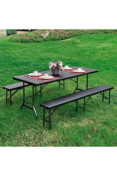 Genel Markalar Dayanıklı Rattan Görünümlü Masa ve Bank Seti – Katlanabilir Si...