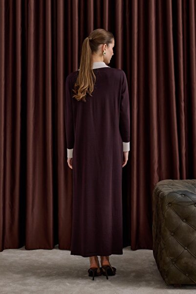 Hilay Amanda Deri Kemerli Çift Renk Triko Elbise KAHVERENGİ