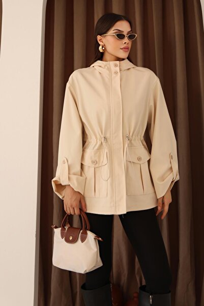 Hazel Kadın Taş Kapüşonlu Katlama Kol Detaylı Trençkot