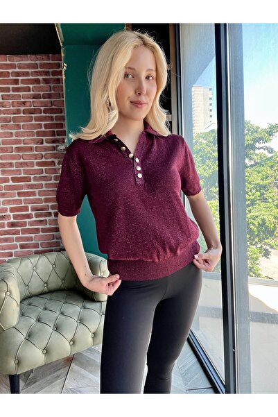 BRN Butik Kadın Bordo Simli Düğmeli Polo Yaka Triko Bluz