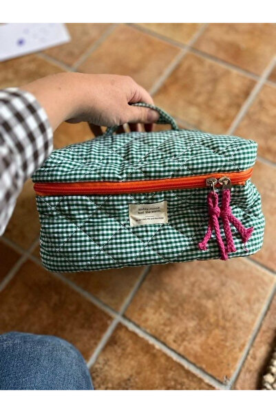 Halımax Green Plaid Pattern Travel Bag Zippered Compartment Airwrap Compatible Makeup Bag Organizer