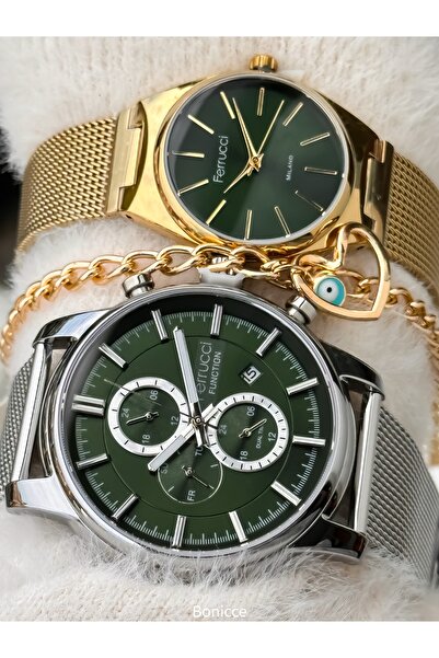 Ferrucci Couple Watches, Green Silver Color Steel Mesh Band, Gift in Separate Boxes with Bracelet Gift