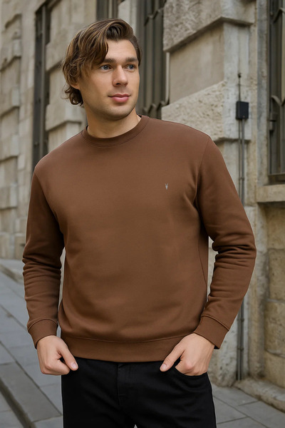 MAXIMILLIAN Brown Color Basic Crew Neck Men's Sweatshirt