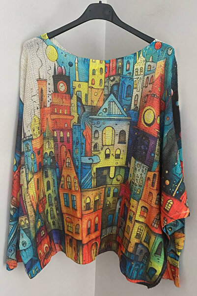 AYASOFYA OTANTIK Women's Italian Yellow Glitter Favela Patterned Batwing Sleeve Mercerized Blouse Sweater