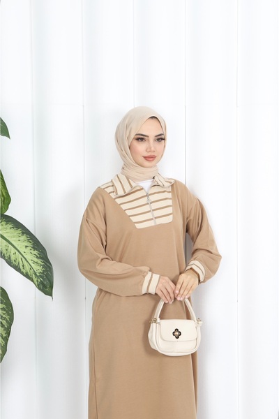 NİSUM MODA Ριγέ φόρεμα με φερμουάρ και δύο κορδόνια